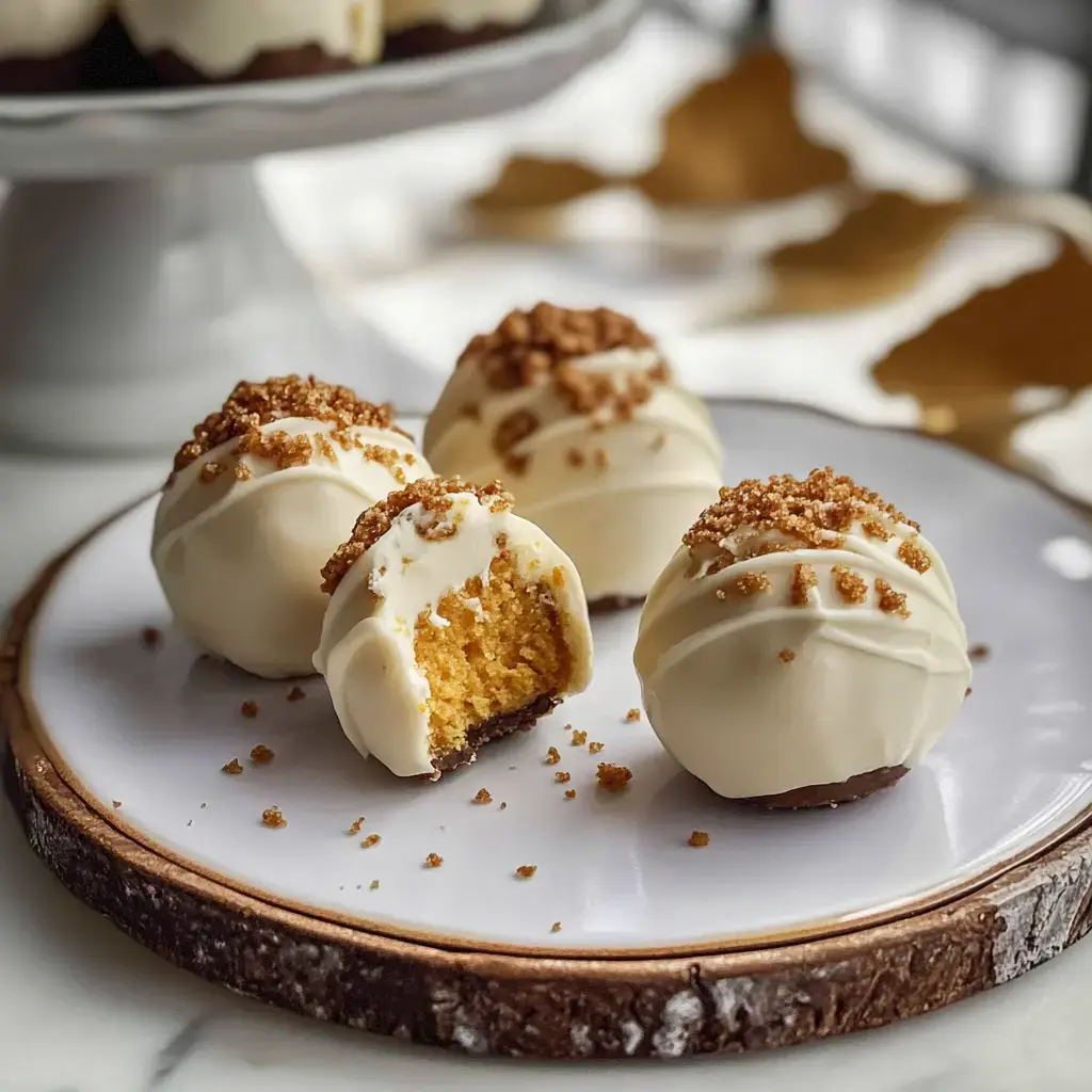 A plate of round, white chocolate-coated treats, some of which are partially bitten into, revealing a golden filling and topped with crunchy bits.