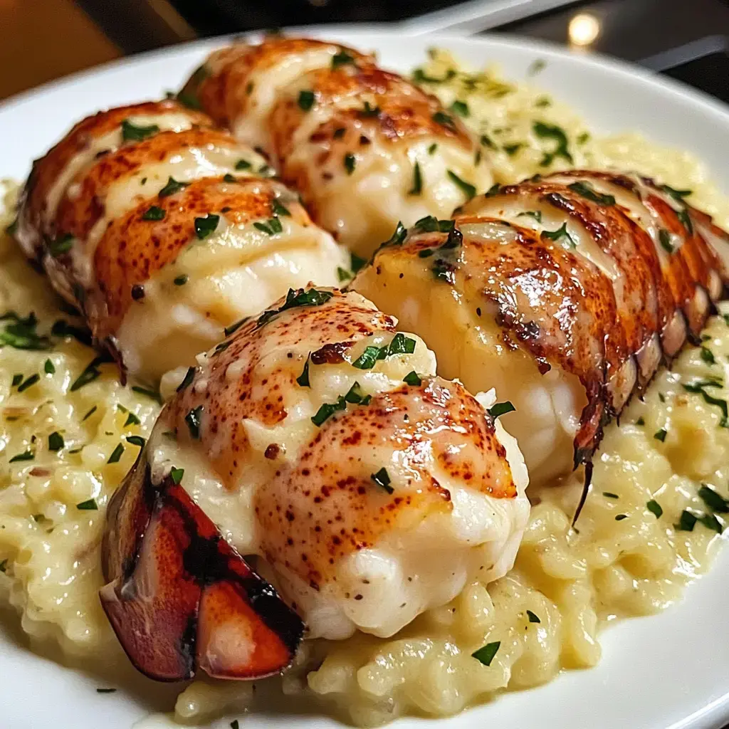 A close-up of succulent lobster tails resting on a creamy risotto, garnished with chopped parsley.