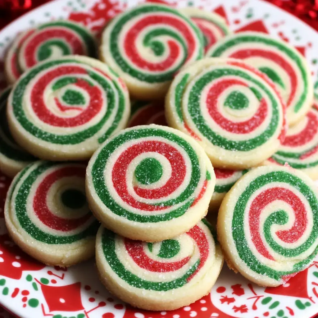 A plate of festive spiral cookies, featuring red and green swirls, is arranged attractively against a holiday-themed background.