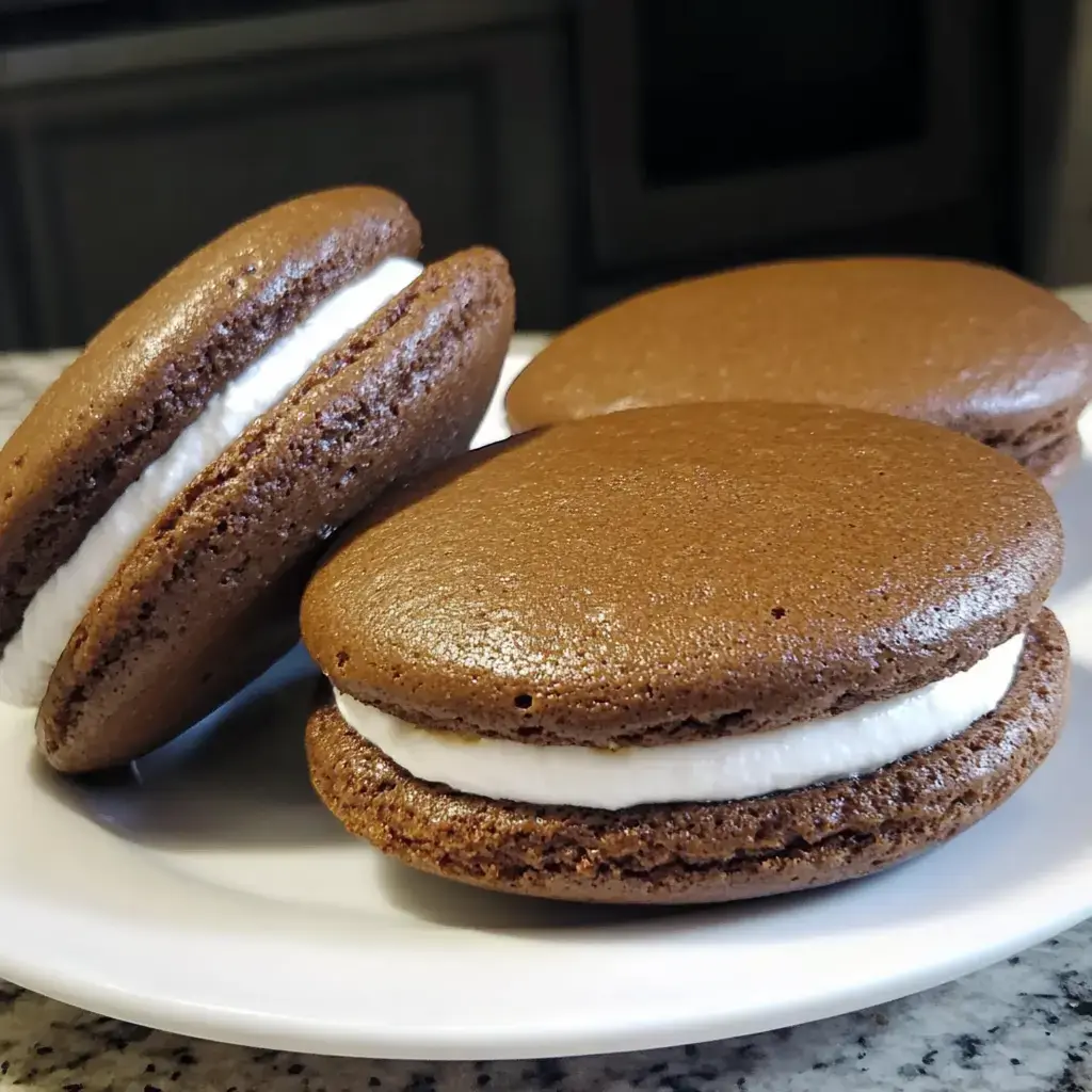 A plate of chocolate whoopie pies with white filling is displayed on a countertop.