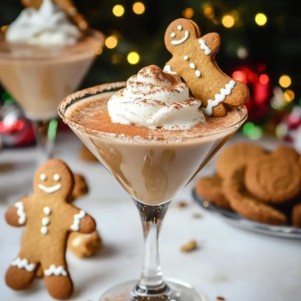 A festive cocktail garnished with whipped cream and a gingerbread cookie sits in front of a blurred holiday-themed background.