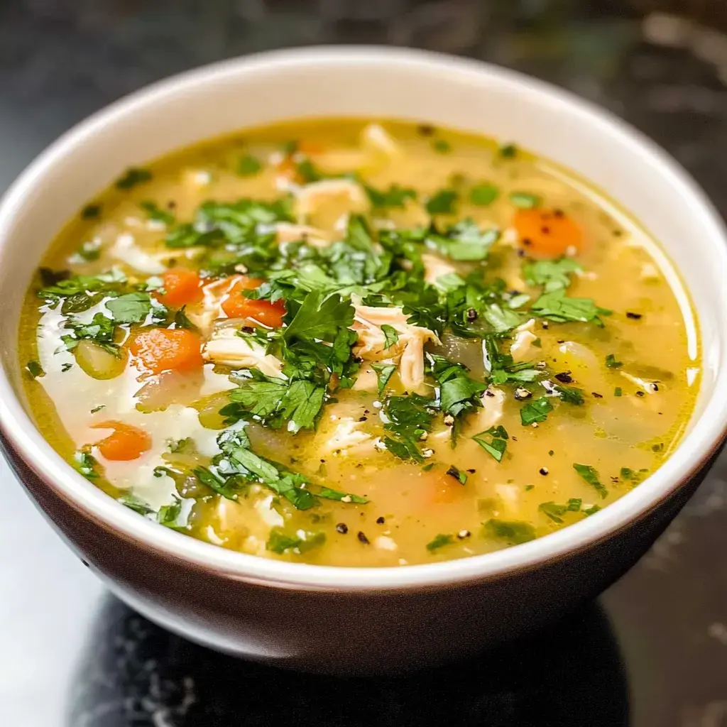 A bowl of chicken soup garnished with fresh cilantro and containing vegetables like carrots and green herbs.