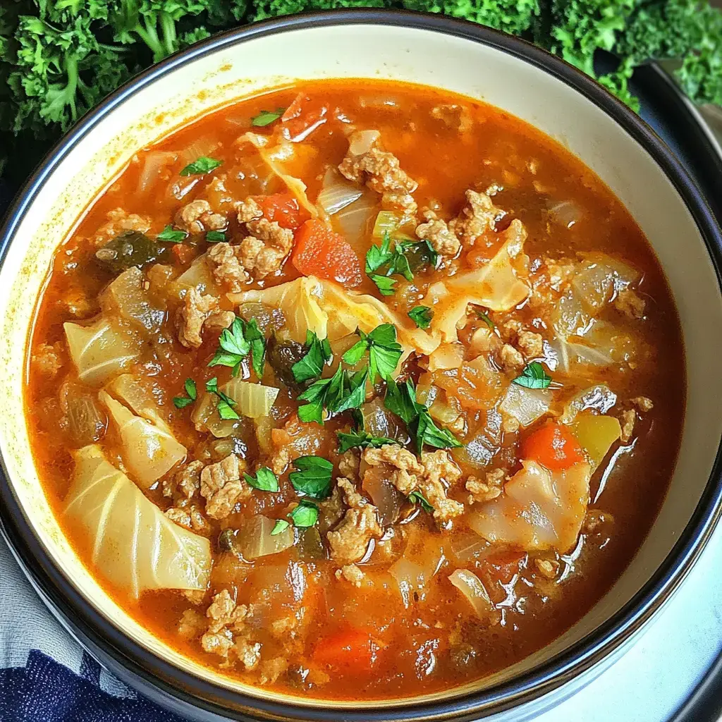 A bowl of hearty soup featuring ground meat, cabbage, and vegetables, garnished with fresh parsley.