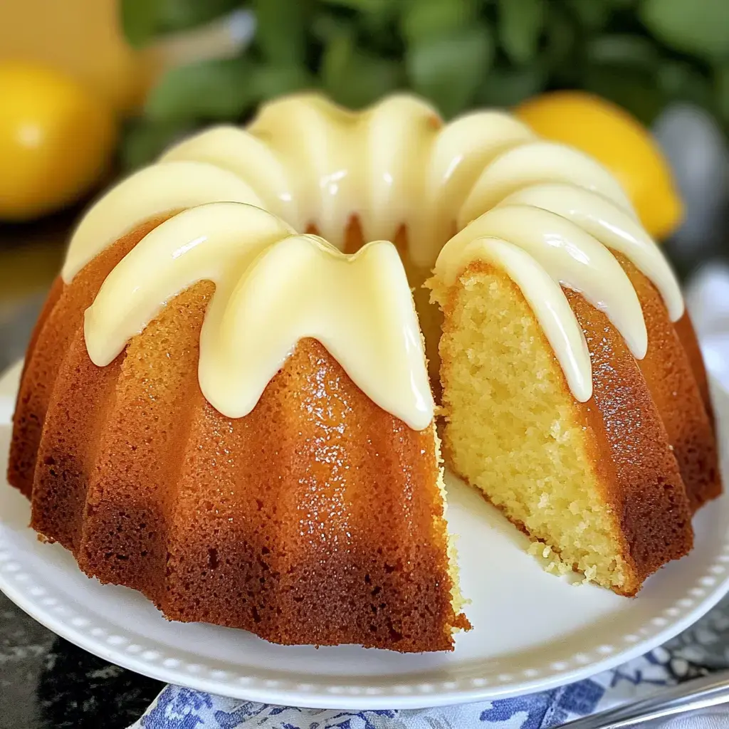 A beautifully baked lemon bundt cake with a glossy white icing, partially sliced and presented on a white plate, with lemon and greenery in the background.