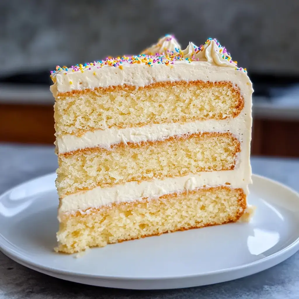 A slice of three-layer vanilla cake with white frosting and colorful sprinkles on top is presented on a plate.