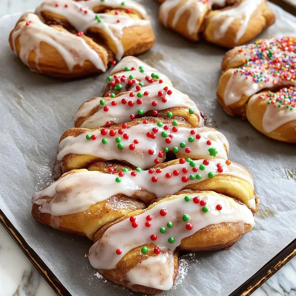 A festive baked good shaped like a Christmas tree, topped with white icing and colorful red and green sprinkles, is displayed on parchment paper.