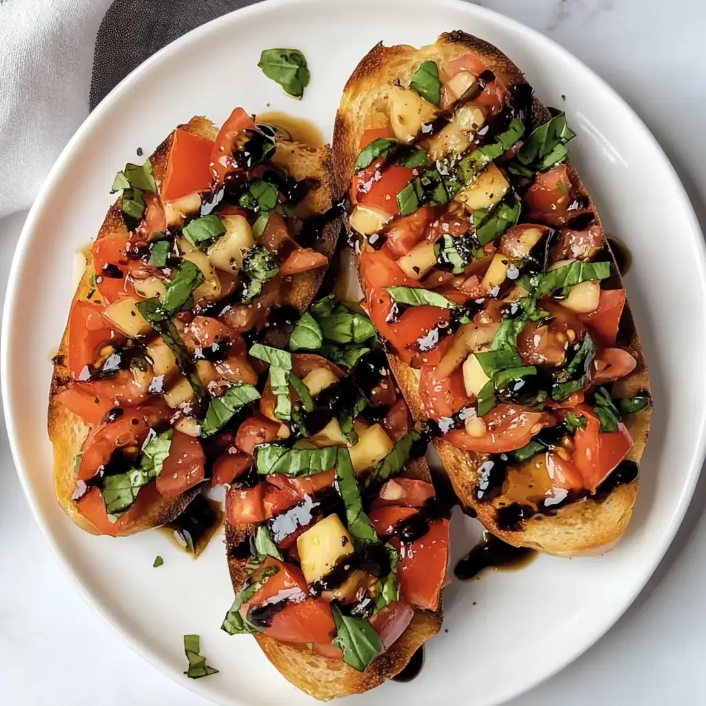 A plate of toasted bread topped with diced tomatoes, fresh basil, and balsamic drizzle.