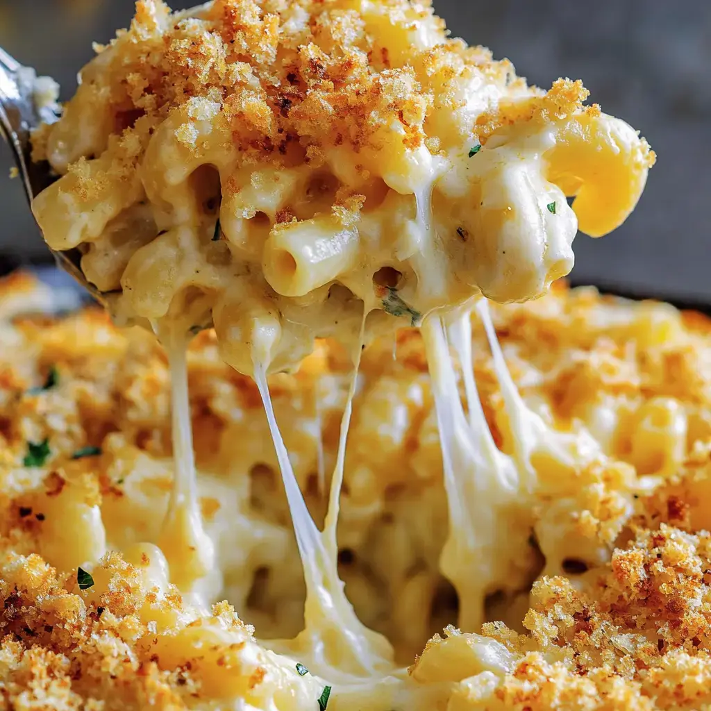 A spoon is lifting a creamy, cheesy macaroni and cheese topped with a crispy golden breadcrumb crust.