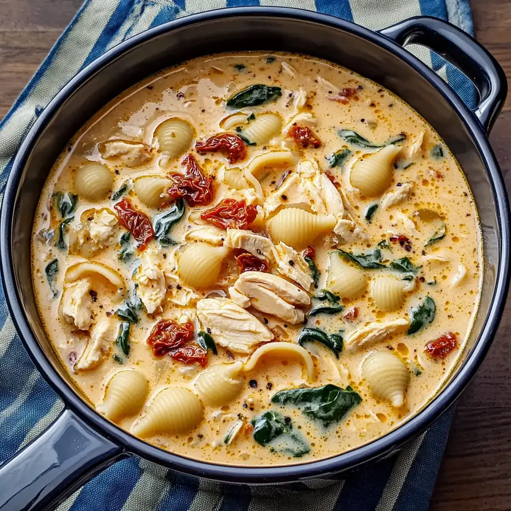 A close-up of a creamy pasta dish featuring shells, shredded chicken, spinach, and sun-dried tomatoes in a rich sauce.