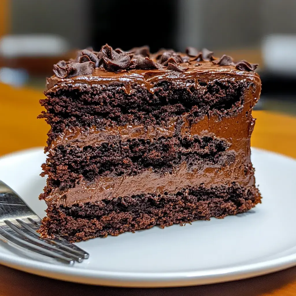 A slice of rich chocolate cake layered with chocolate frosting, served on a white plate with a fork.