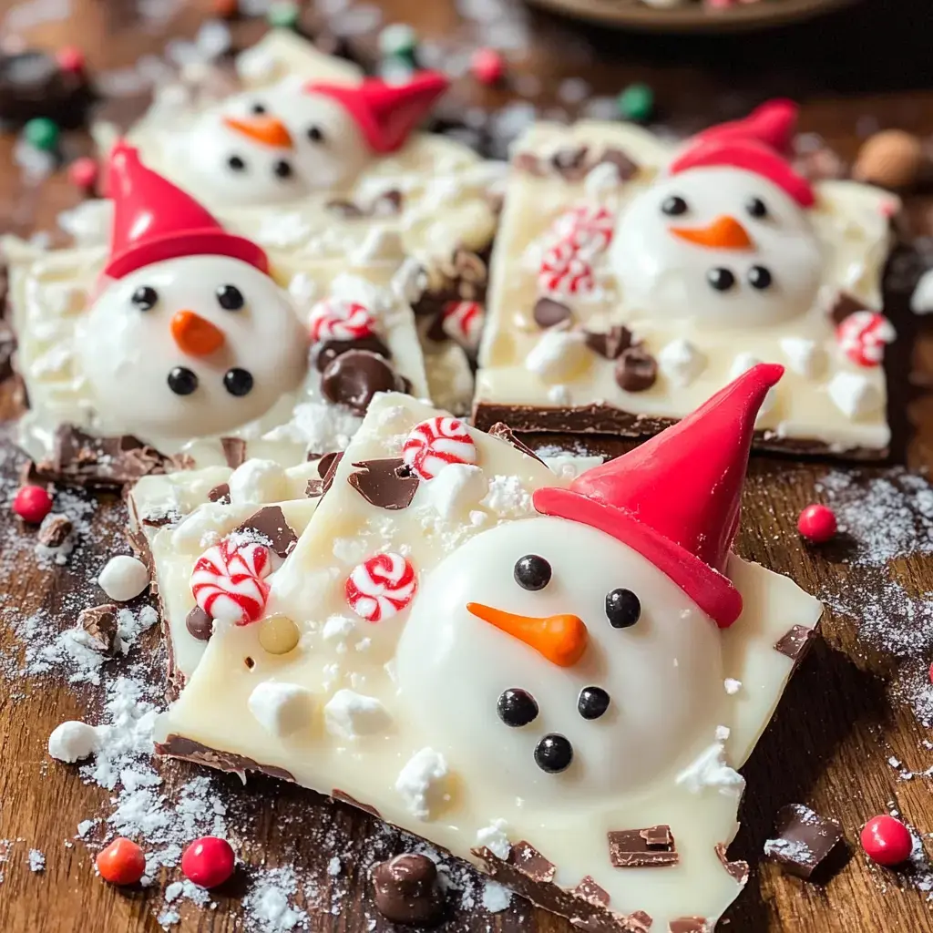 A close-up of festive chocolate bark decorated with snowman faces made of white chocolate, candy, and peppermint pieces.