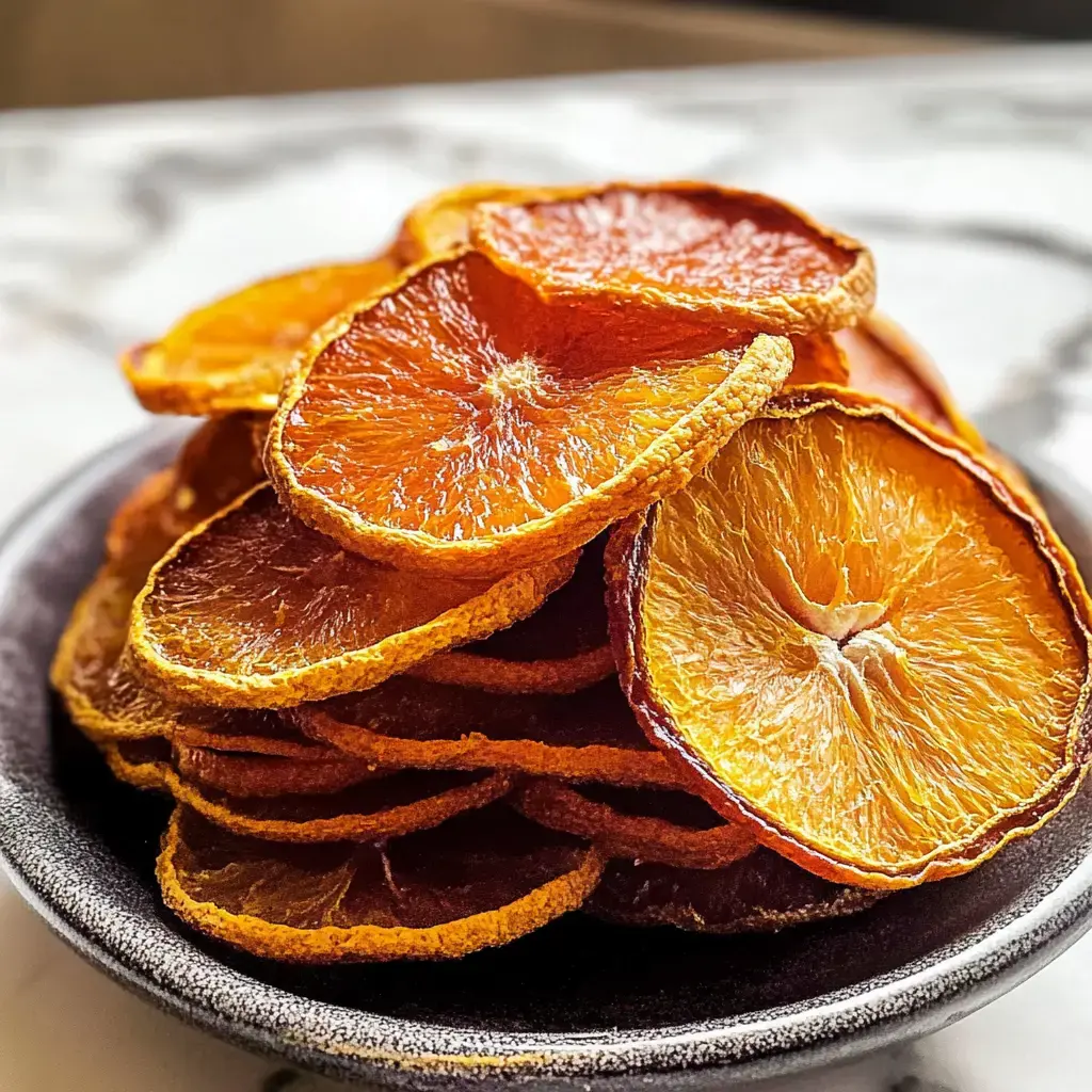 A close-up of a plate stacked with dried orange slices.