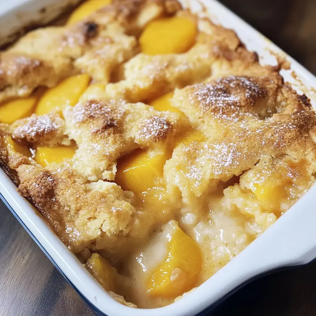 A close-up of a baked peach cobbler topped with golden-brown crust and garnished with powdered sugar.