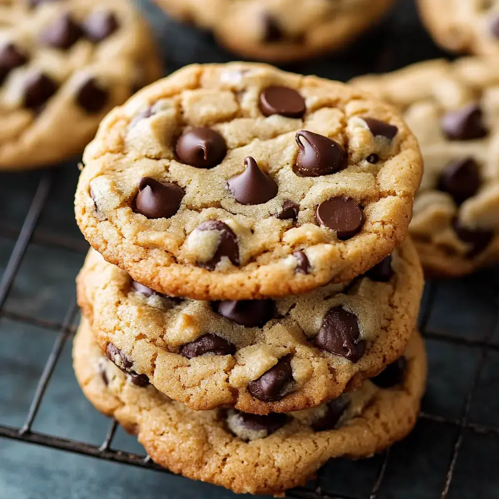 A stack of chewy chocolate chip cookies is placed on a wire rack.