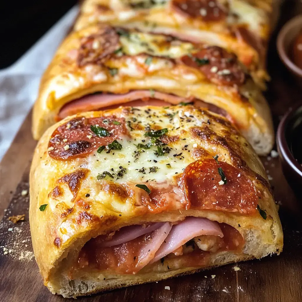 A close-up of a cheesy stuffed bread filled with ham and pepperoni, garnished with herbs and spices, served on a wooden board.