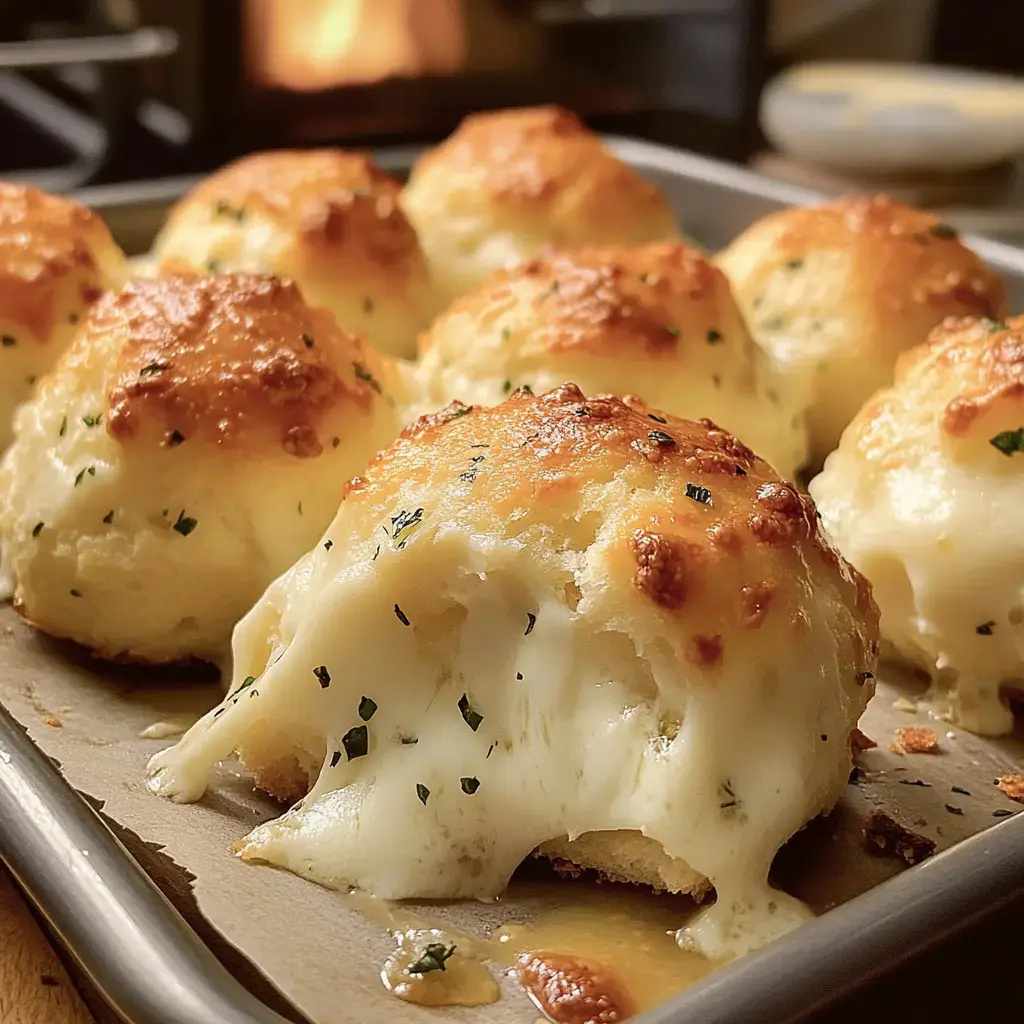 A tray of golden, cheesy biscuits with melted cheese oozing out, garnished with herbs.