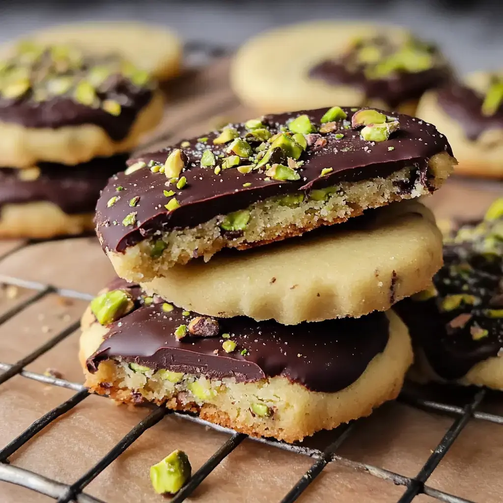 A stack of two delicious cookies topped with dark chocolate and crushed pistachios, with more cookies visible in the background.