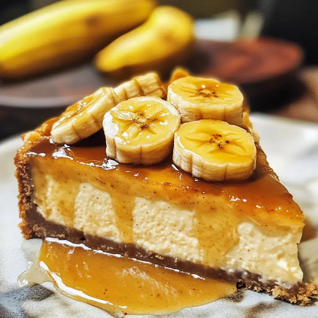 A slice of banana cream pie topped with banana slices and caramel drizzled over a graham cracker crust.