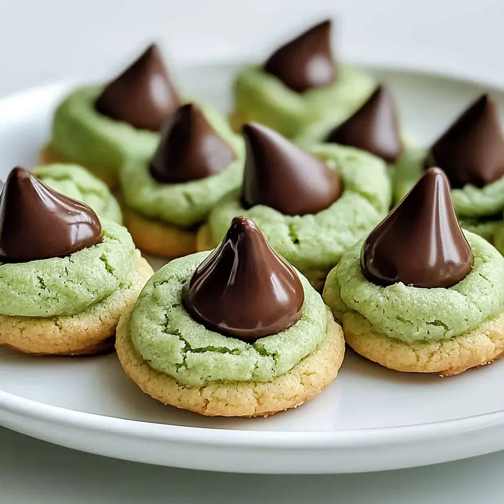 A plate of cookies featuring green frosting topped with chocolate kisses.