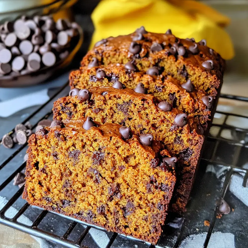 A freshly baked loaf of chocolate chip pumpkin bread, sliced and resting on a cooling rack, with chocolate chips sprinkled on top and a bowl of chocolate chips in the background.