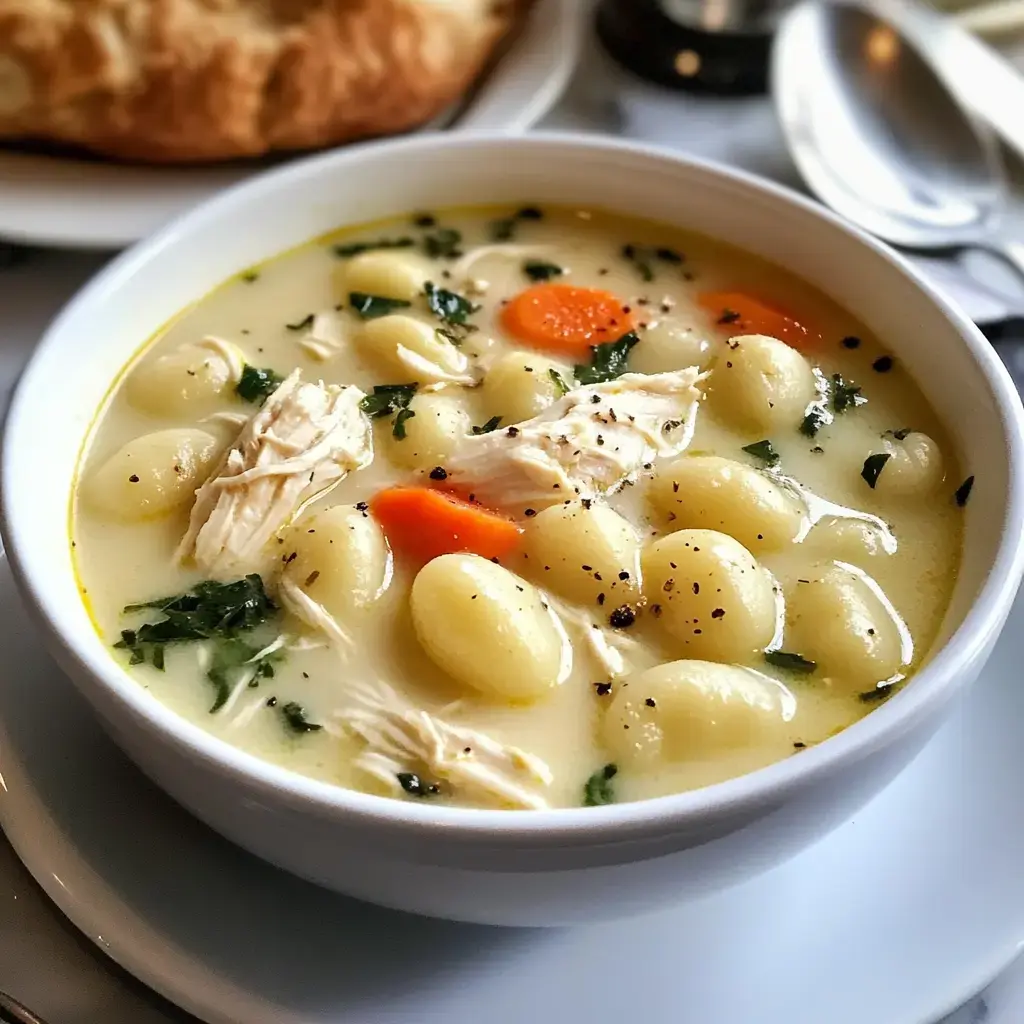 A bowl of creamy chicken gnocchi soup with shredded chicken, carrots, and herbs, served alongside a piece of bread.