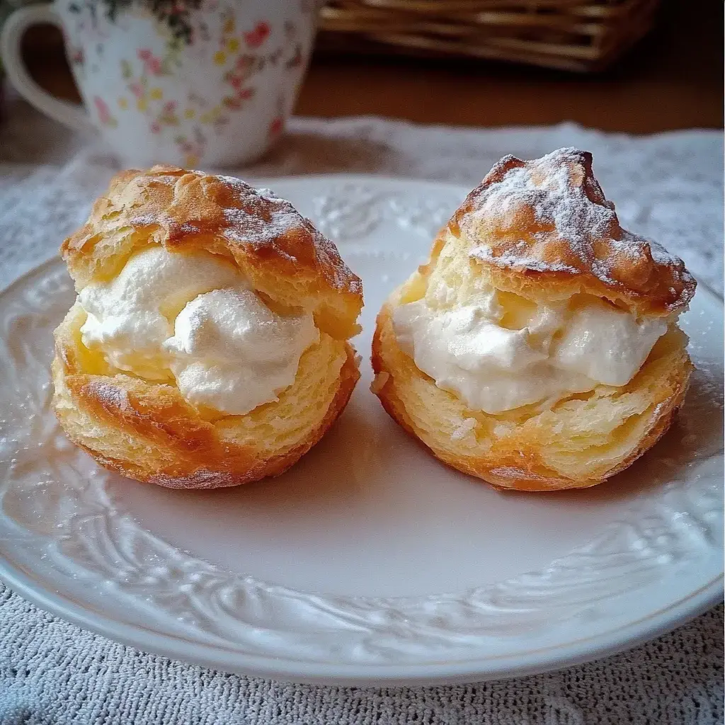 Two cream-filled pastries dusted with powdered sugar on a decorative plate.