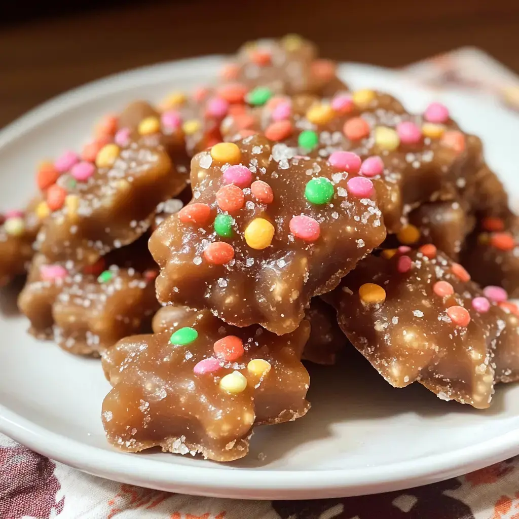 A plate of shaped chocolate treats topped with multicolored sprinkles and granulated sugar.