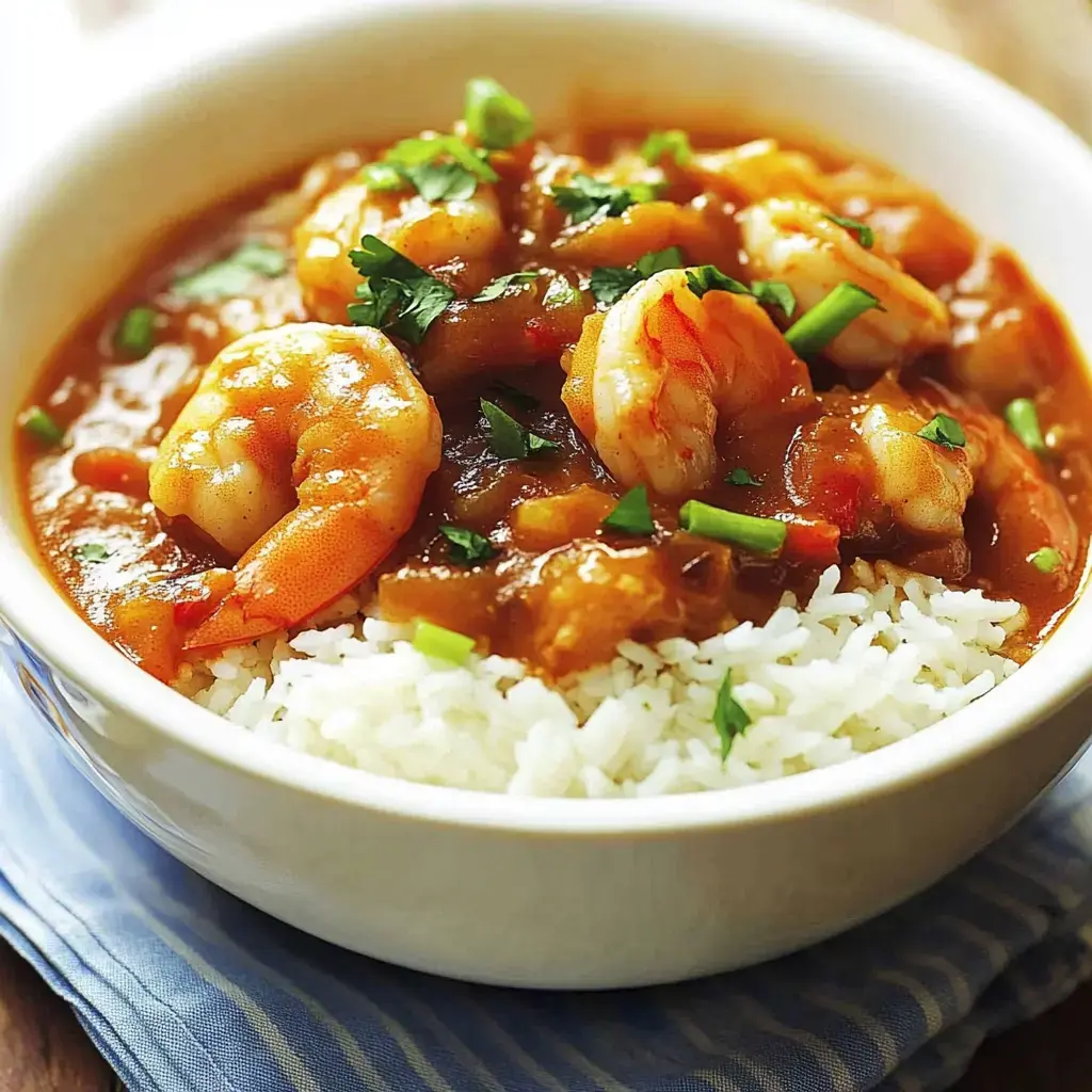 A bowl of shrimp stew served over a bed of white rice, garnished with chopped green herbs.