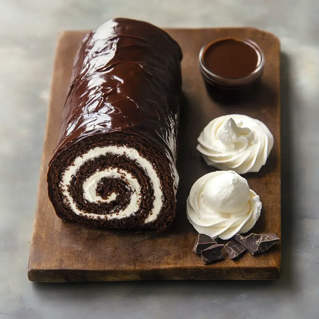 A chocolate roll cake with a creamy filling is displayed on a wooden cutting board, accompanied by dollops of whipped cream and pieces of chocolate.