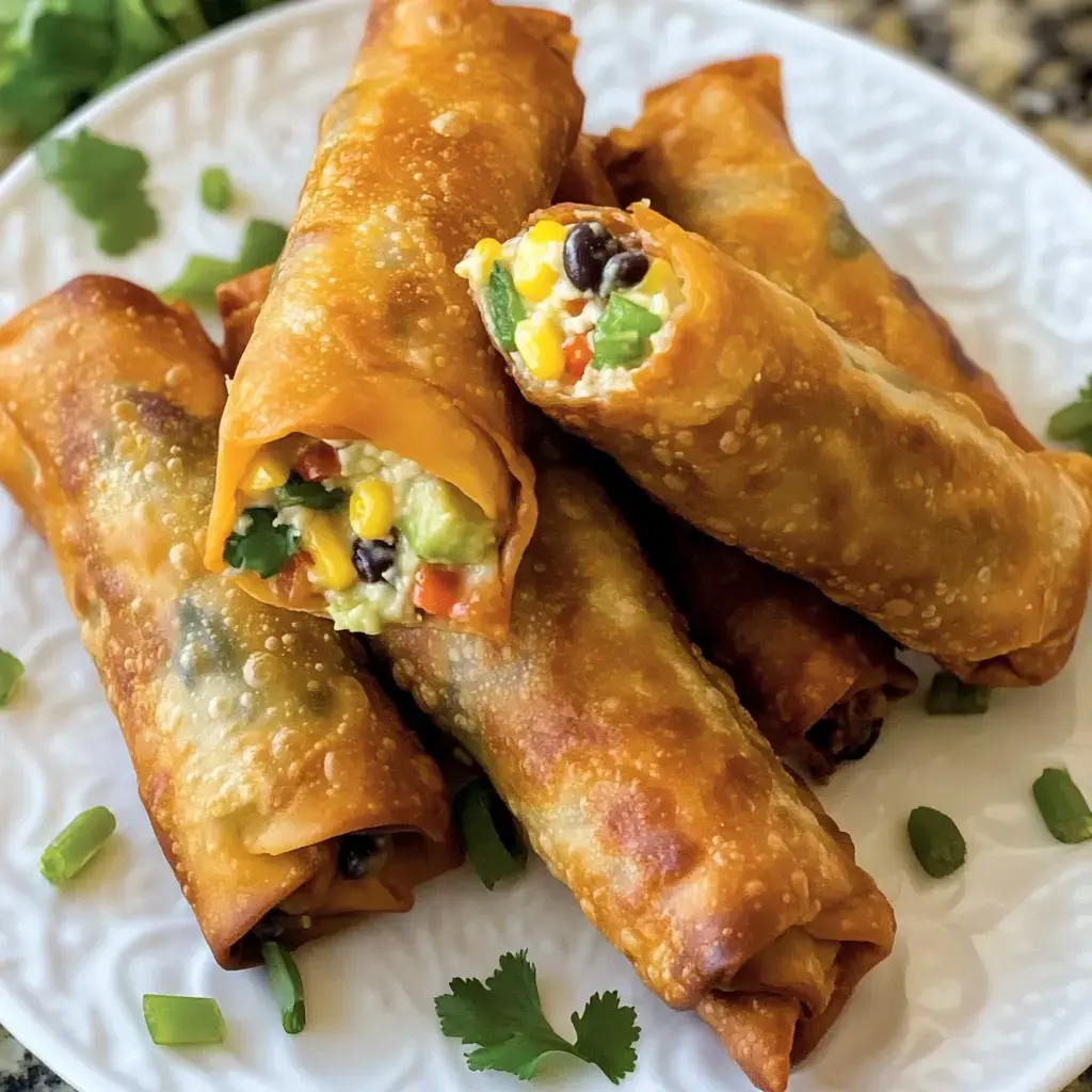 A plate of golden-brown, crispy taquitos filled with vegetables and beans, garnished with cilantro and green onions.