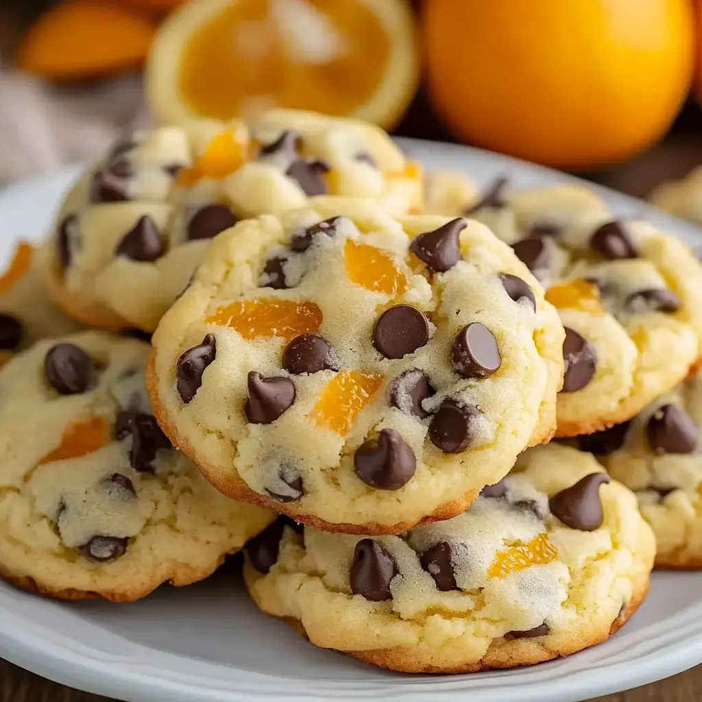 A plate of freshly baked cookies featuring chocolate chips and orange pieces.