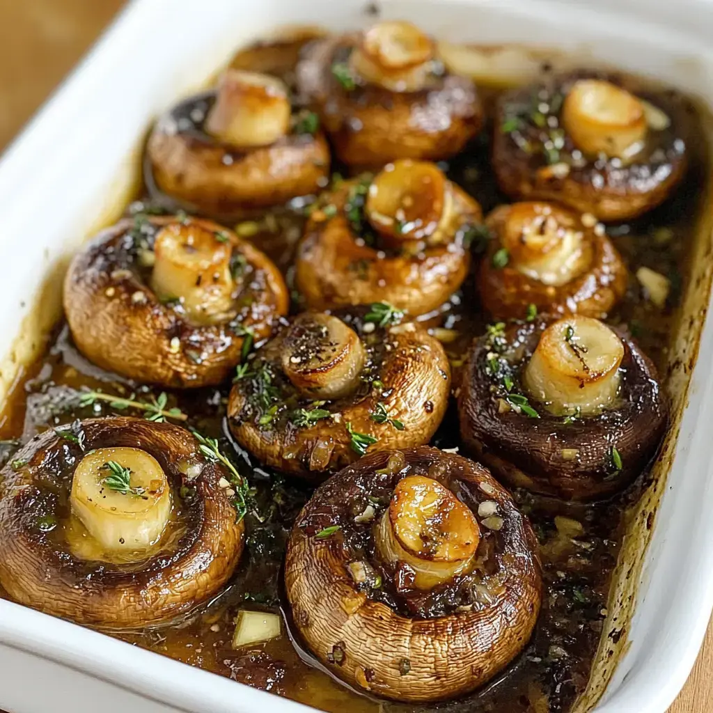 A tray of roasted mushrooms filled with garlic and herbs, drizzled in a savory sauce.