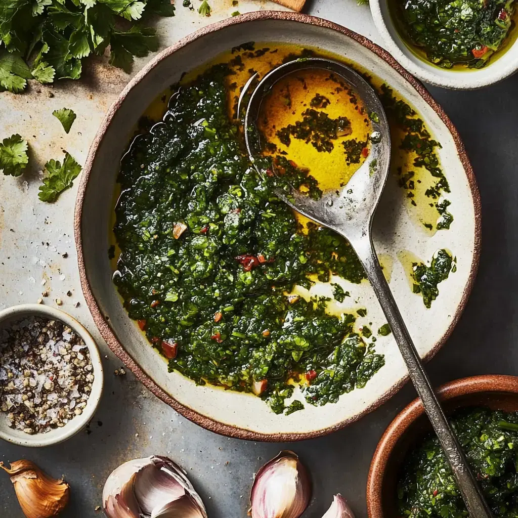 A bowl of vibrant green chimichurri sauce sits with a silver spoon, surrounded by garlic cloves, salt, and fresh herbs.