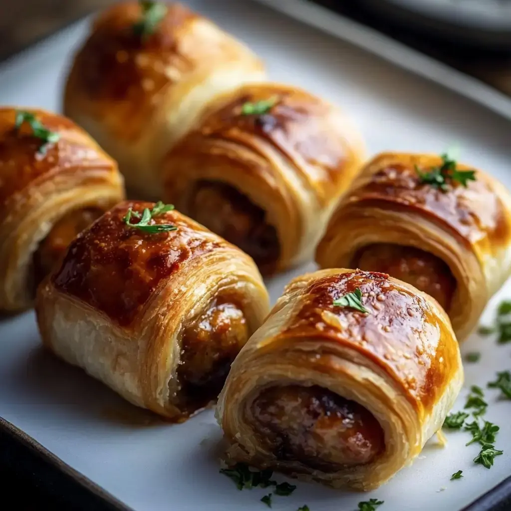 A plate of golden-brown sausage rolls garnished with chopped parsley.