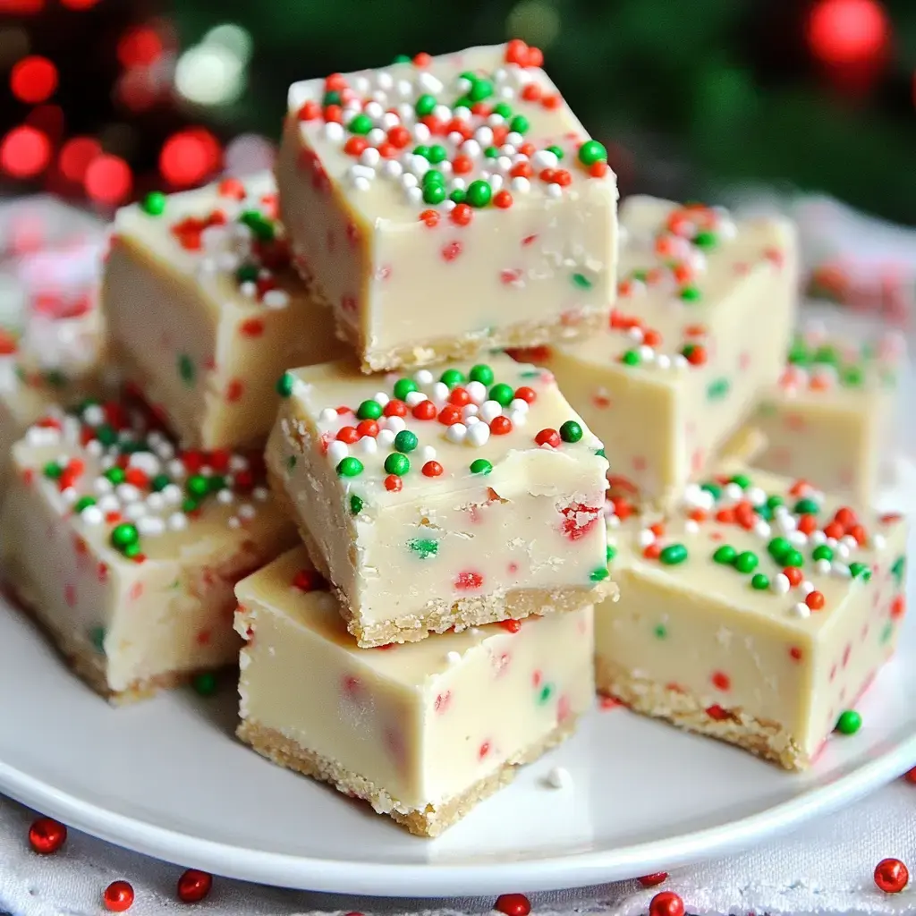 A plate of festive, square fudge pieces topped with red, green, and white sprinkles.