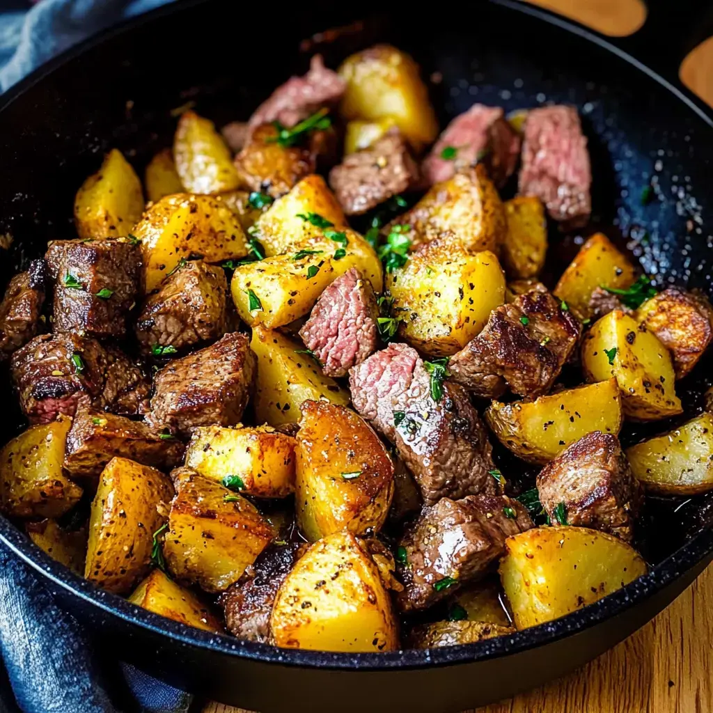 A cast-iron skillet filled with browned beef chunks and golden roasted potatoes, garnished with green herbs.