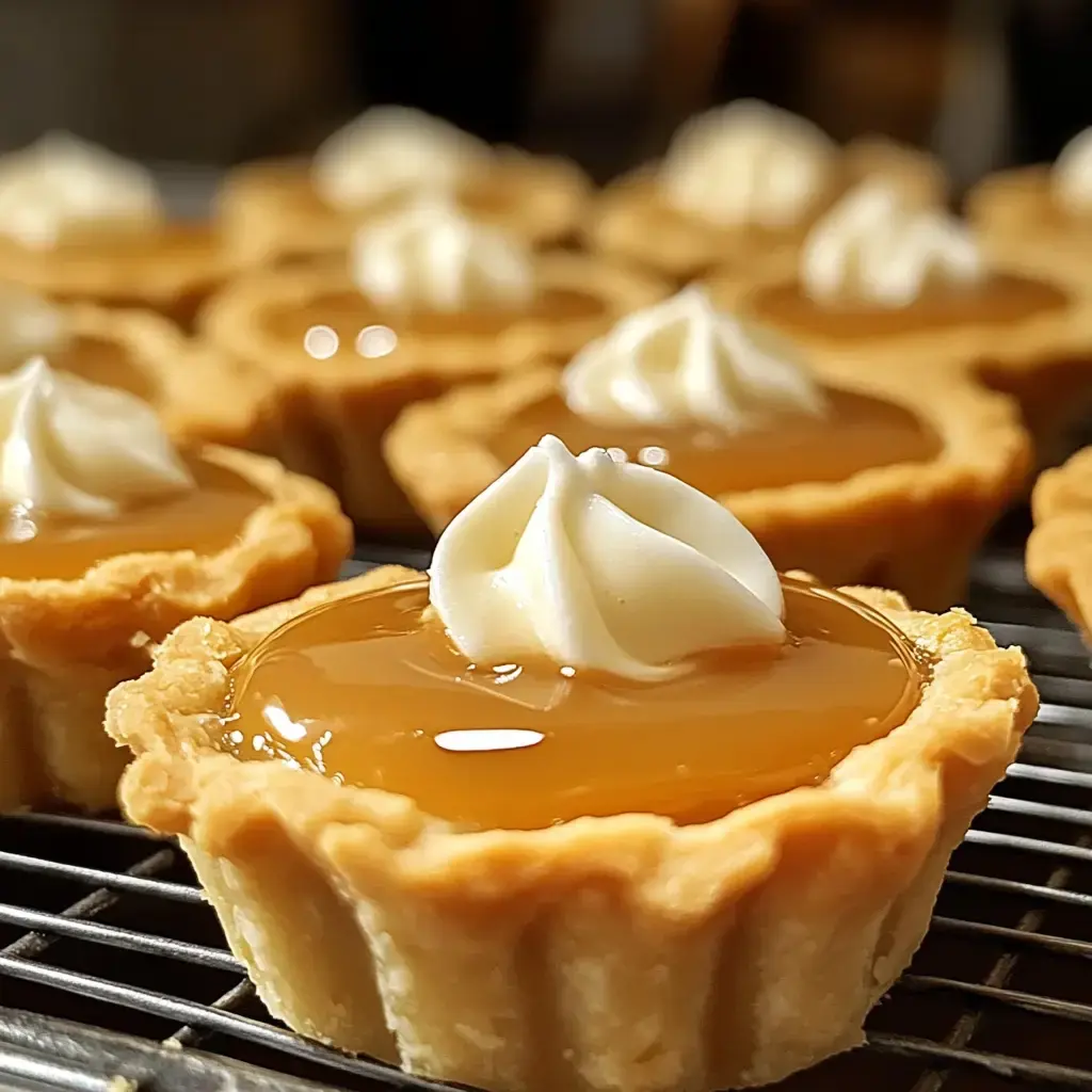 A close-up of mini tarts with a glossy caramel topping and swirls of creamy frosting.