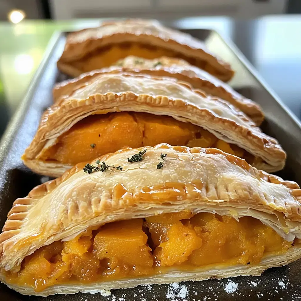 A close-up of golden-brown pastries filled with bright orange squash, arranged neatly on a dark plate.