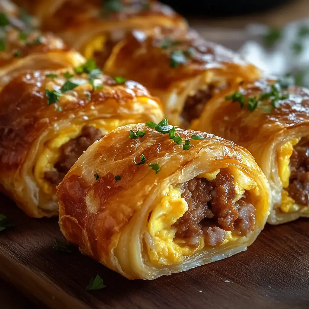 A close-up of golden brown pastry rolls filled with sausage and scrambled eggs, garnished with chopped herbs, arranged on a wooden platter.