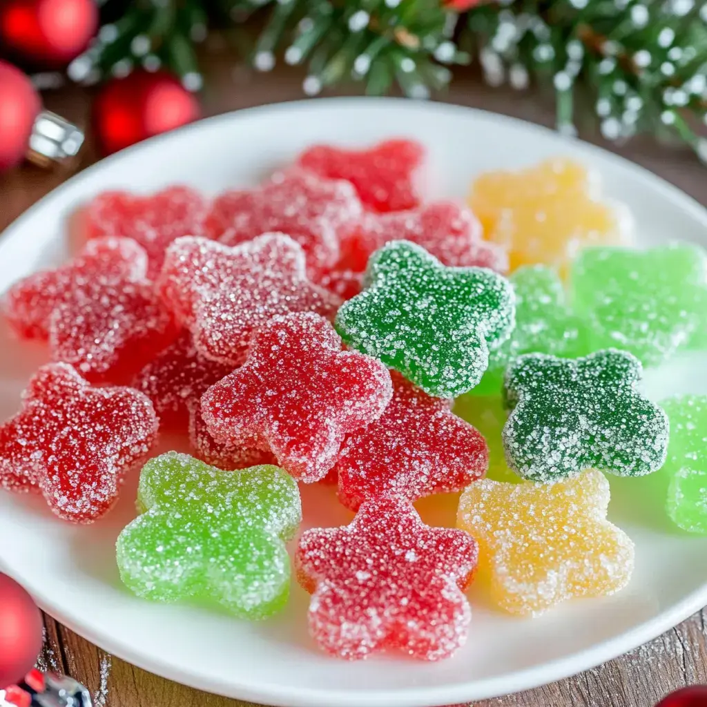 A white plate filled with colorful, star-shaped gummy candies in red, green, yellow, and orange, with a festive background of pine branches and ornaments.