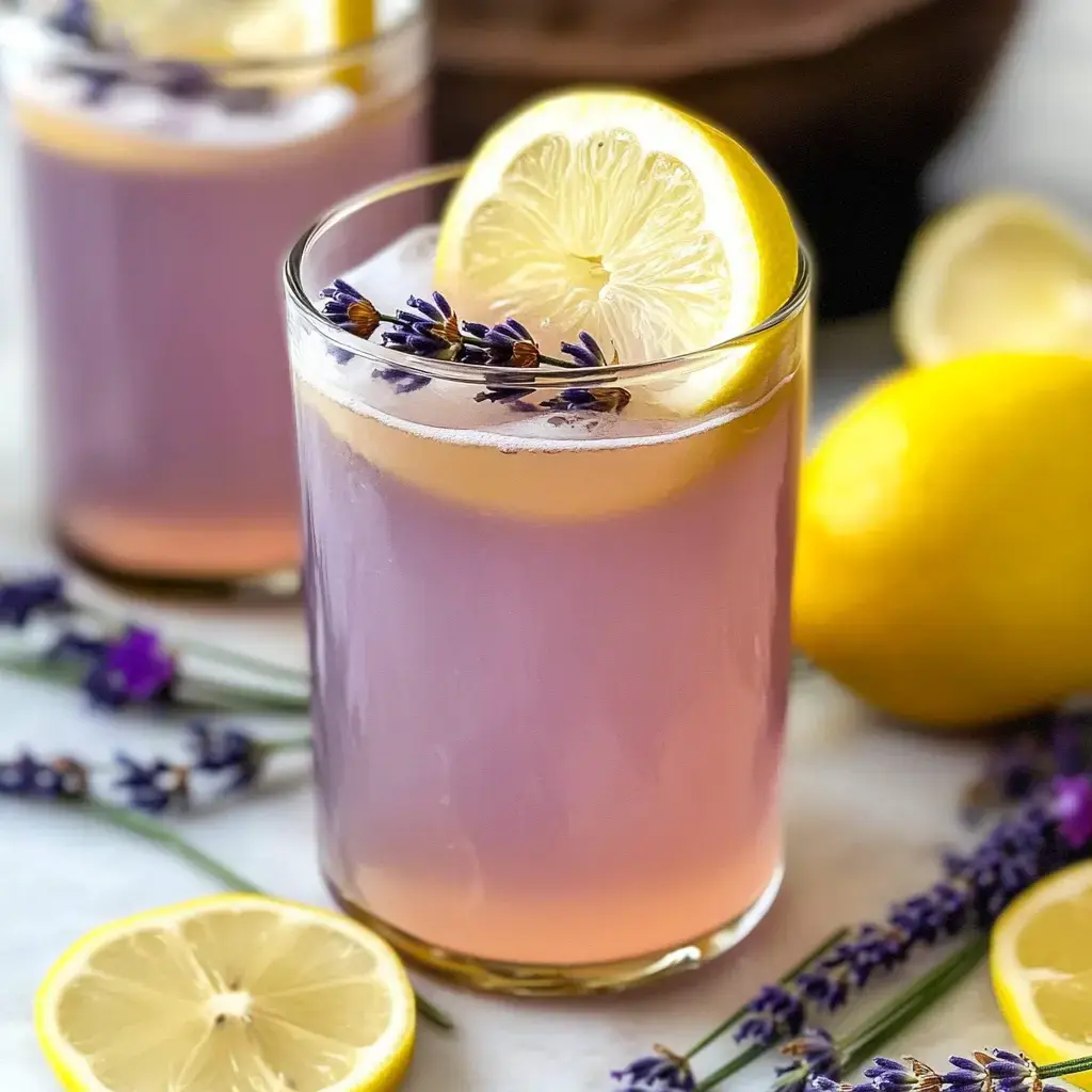 A refreshing lavender lemonade drink garnished with lemon slices and lavender sprigs, with more lemons and lavender in the background.