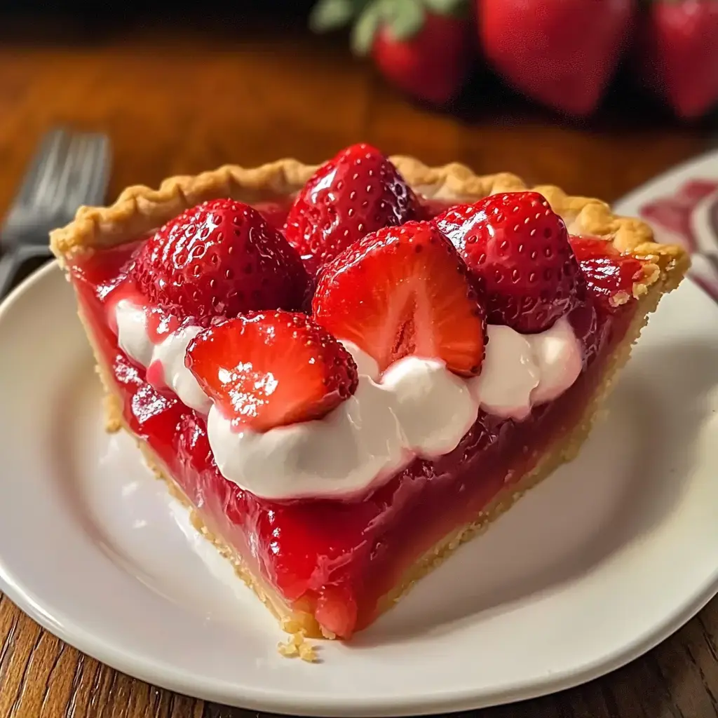 A slice of strawberry pie topped with fresh strawberries and whipped cream on a white plate.