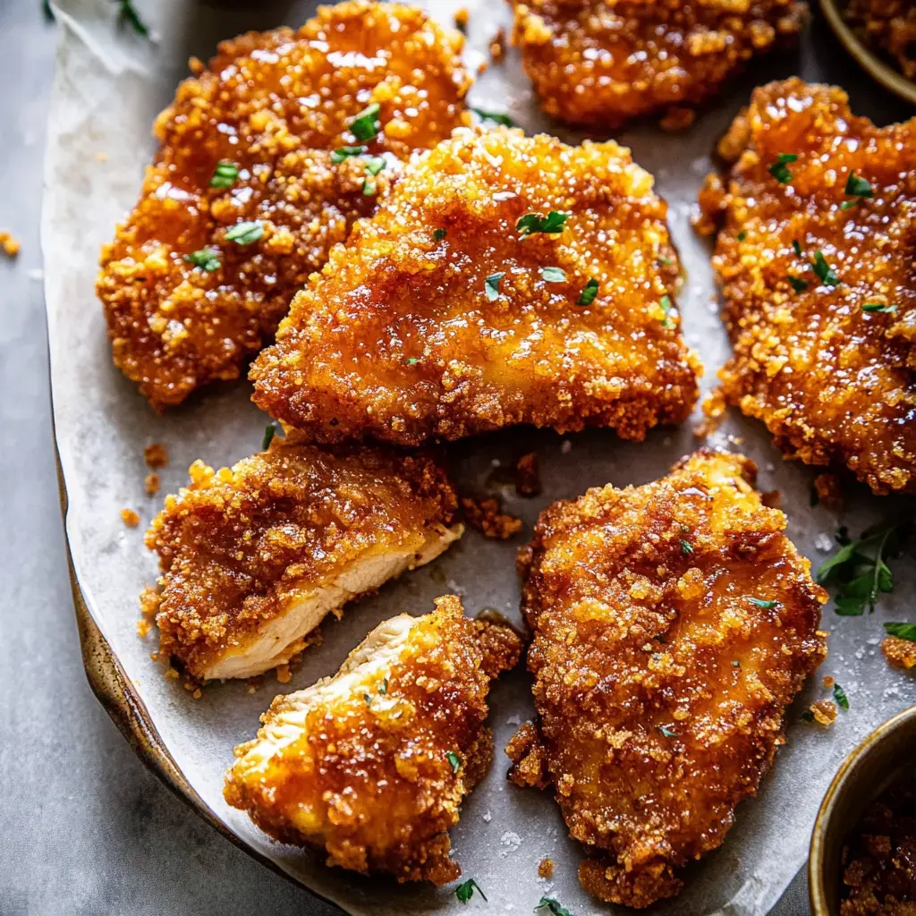 A plate of crispy fried chicken pieces glazed with a sweet sauce, garnished with chopped herbs.