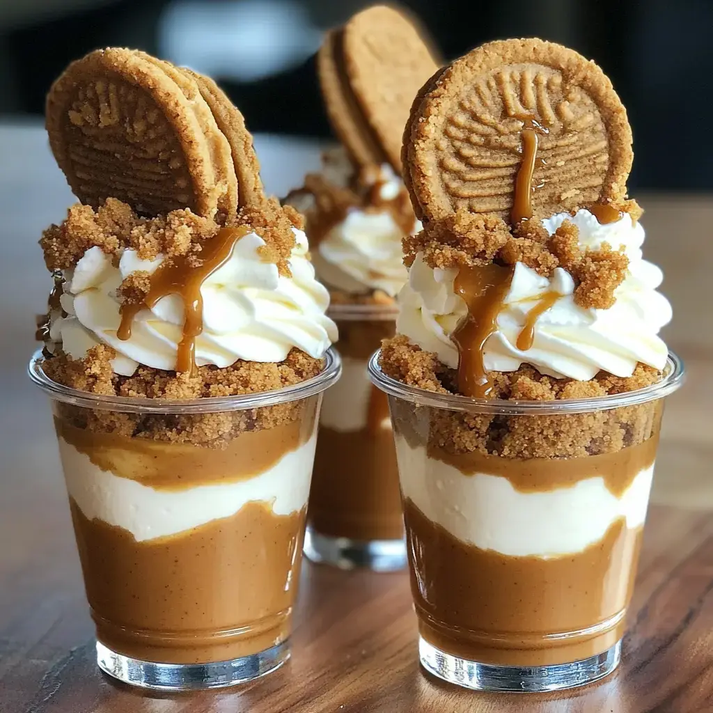 Three dessert cups filled with layers of creamy pumpkin or butterscotch pudding, whipped cream, crumbled cookies, and topped with a cookie and caramel drizzle.