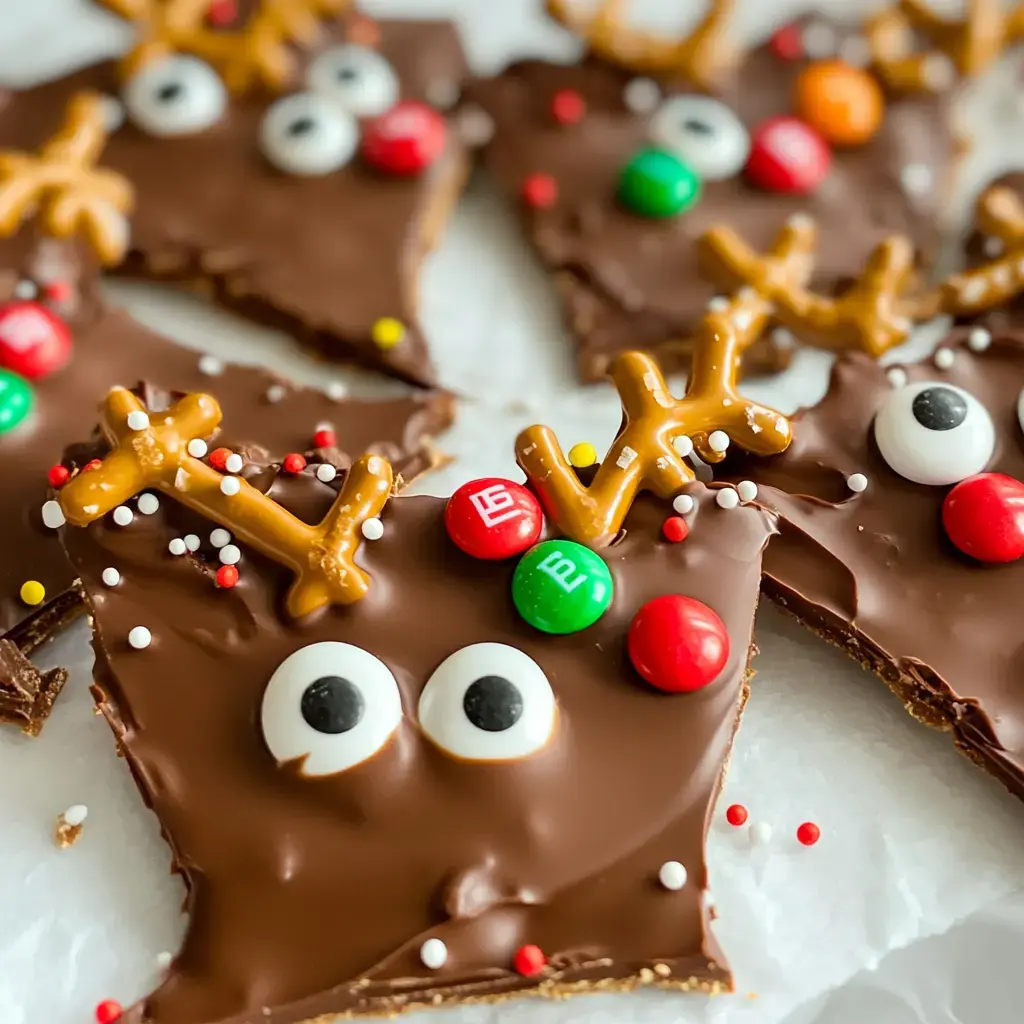 A close-up of festive chocolate treats shaped like reindeer, decorated with pretzel antlers, candy eyes, and colorful chocolate candies.