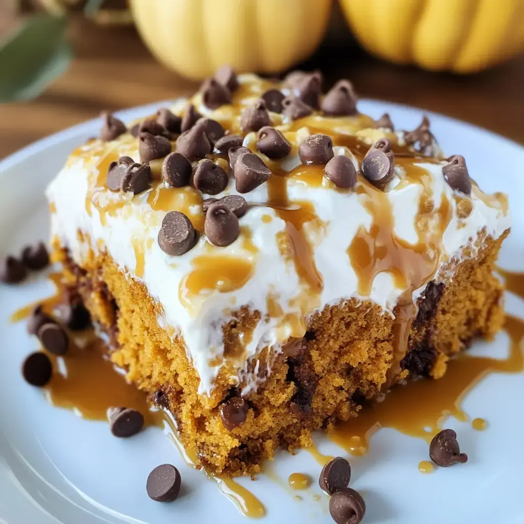 A delicious slice of pumpkin cake topped with whipped cream, chocolate chips, and drizzled caramel, surrounded by chocolate chips on a white plate.