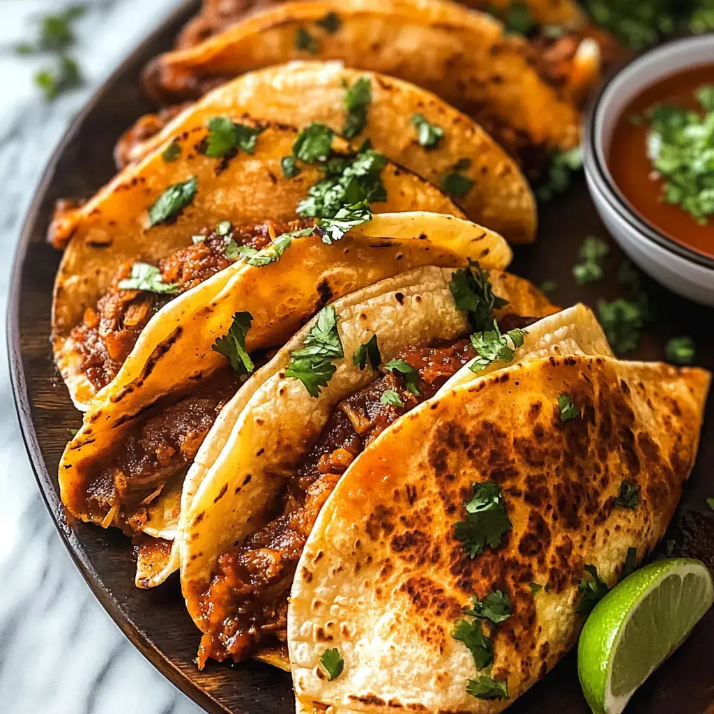 A plate of grilled tacos filled with meat, garnished with cilantro, accompanied by a bowl of salsa and a lime wedge.