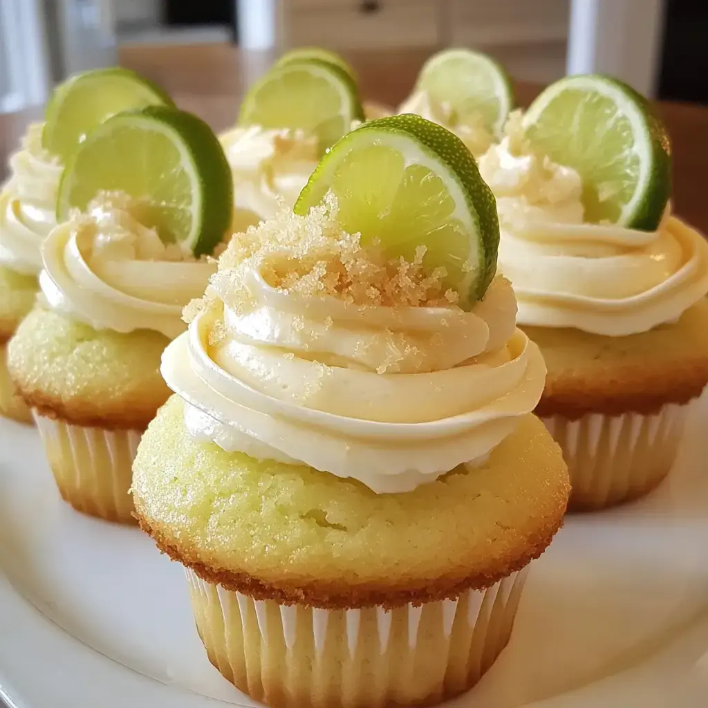 A plate of lime-flavored cupcakes topped with creamy frosting, brown sugar, and lime slices.