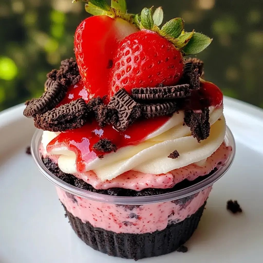 A decadent cupcake with layers of pink frosting, chocolate cake, topped with strawberries, chocolate crumbles, and strawberry sauce.