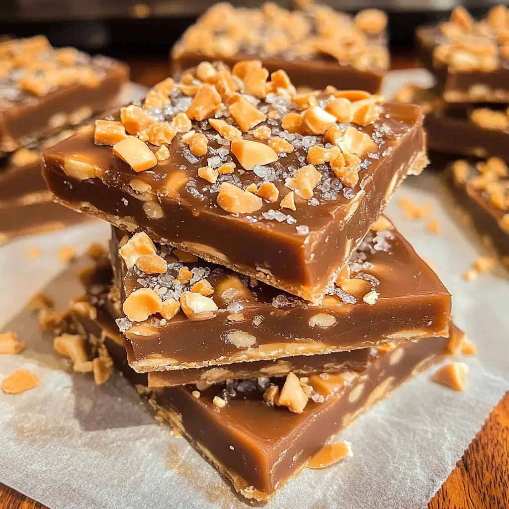 A close-up image of stacked chocolate fudge squares topped with crushed peanuts and flakes of salt.